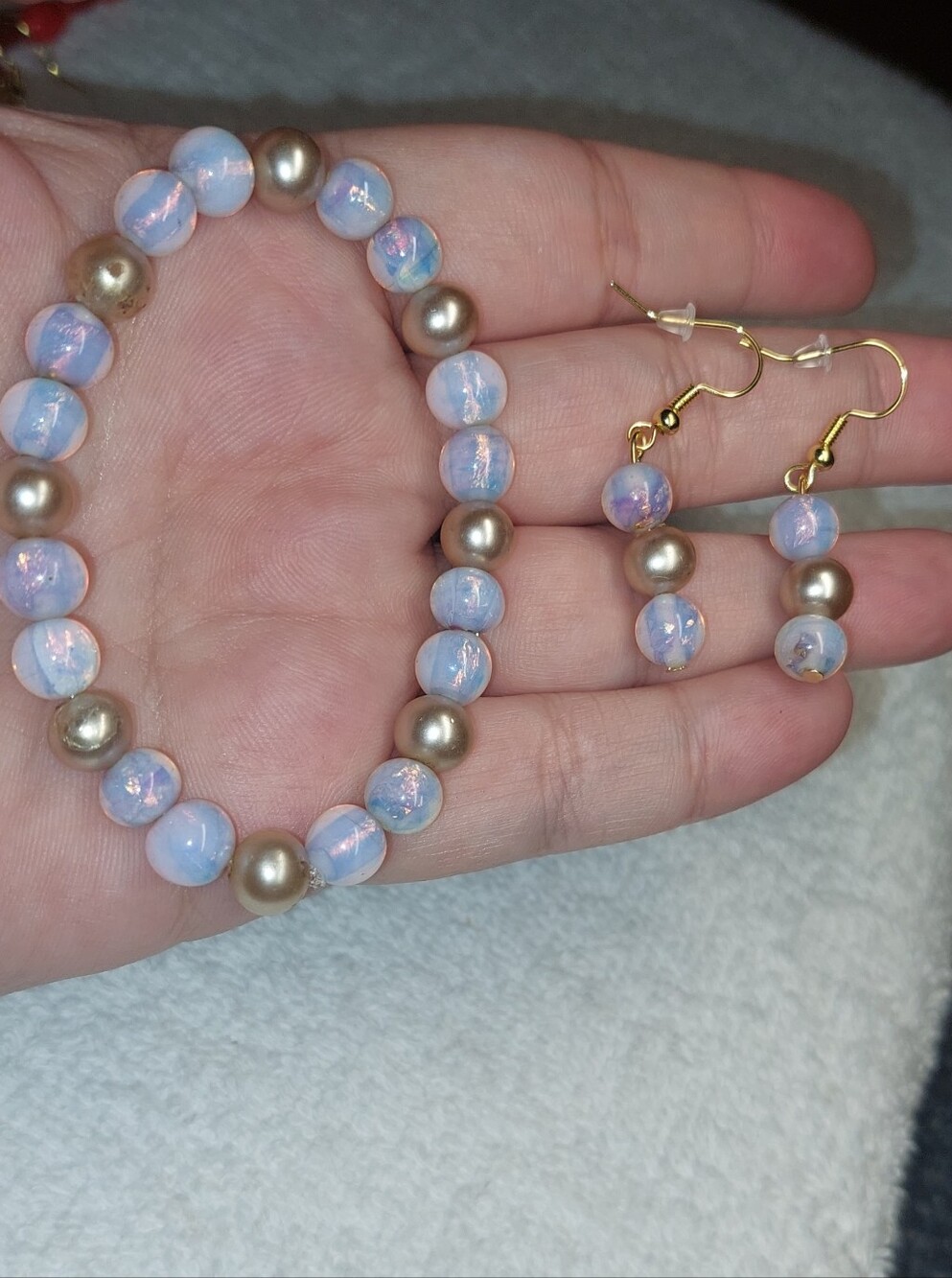 Opalescent Pink & Gold Bead Bracelet with Matching Earrings